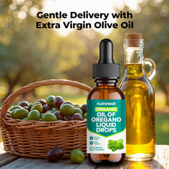 Olive oil carrier shown with NutriNeat drops for smooth delivery
