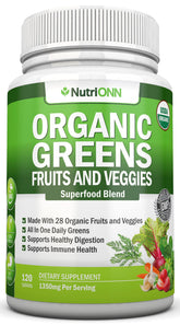 NutriONN Organic Super Greens capsules bottle for daily nourishment with 28 organic ingredients.