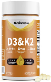 NutriSphere Vitamin D3 and K2 bottle shows a full-year supply of softgels.