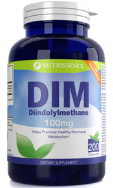 Nutrissence DIM 100mg capsules shown for convenient daily support of healthy hormone metabolism.