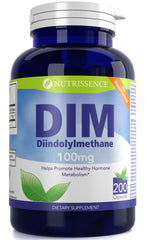 Nutrissence DIM 100mg capsules shown for convenient daily support of healthy hormone metabolism.