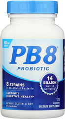 Nutrition Now PB8 Acidophilus probiotic bottle with 120 gluten-free capsules for daily use.