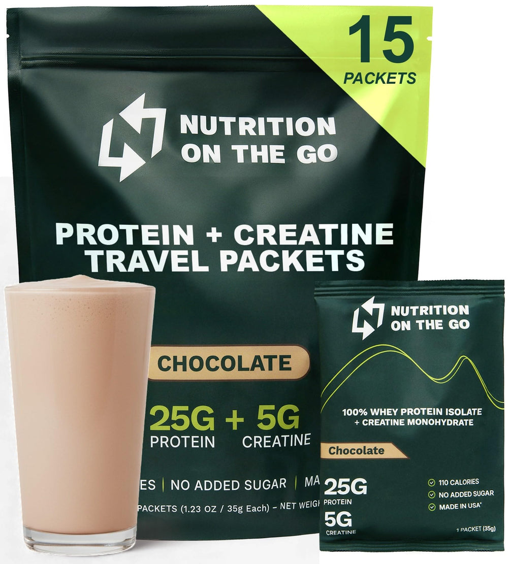 Nutrition On The Go whey packets chocolate closeup highlighting convenient travel protein.