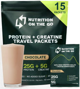 Nutrition On The Go whey packets chocolate closeup highlighting convenient travel protein.