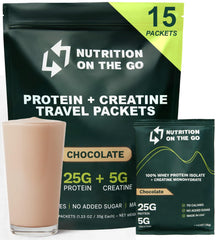 Nutrition On The Go whey packets chocolate closeup highlighting convenient travel protein.