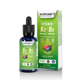 Nutritunes K2 D3 líquido en frasco con sabor a frutos rojos para uso diario.
