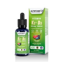 Nutritunes K2 D3 líquido en frasco con sabor a frutos rojos para uso diario.