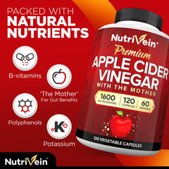 Nutrivein ACV with Mother label detail highlighting Mother of vinegar and vegan ingredients