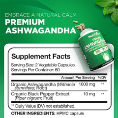 Nutrivein Ashwagandha capsules closeup highlighting vegan high absorption formula.