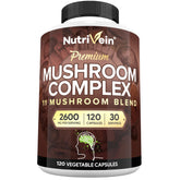Nutrivein premium mushroom supplement bottle showing 2600 mg blend for daily wellness