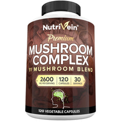 Nutrivein premium mushroom supplement bottle showing 2600 mg blend for daily wellness