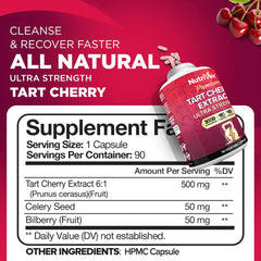 Nutrivein Premium Tart Cherry Capsules label closeup showing vegan formula.