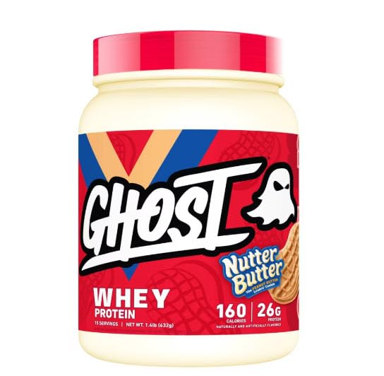 Nutter Butter Ghost Whey Protein tub with real cookie pieces enhances shake flavor.