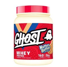 Nutter Butter Ghost Whey Protein tub with real cookie pieces enhances shake flavor.
