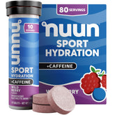 Nuun Sport caffeine tablets Wild Berry dissolve for quick workout hydration.