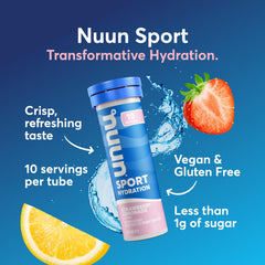 Nuun Sport dissolving tablet in 16 oz water for quick hydration after workouts.
