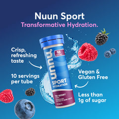 Glass of water shows Nuun Sport Tri-Berry fizzing with refreshing electrolytes.
