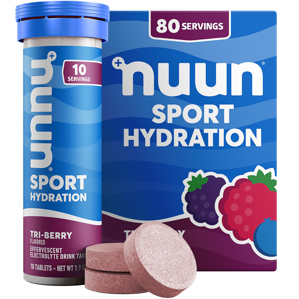 Nuun Sport Tri-Berry tablet dissolving in water for quick on-the-go hydration.