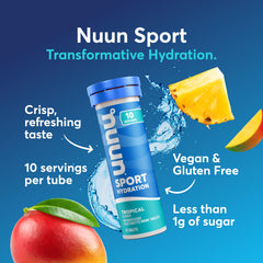 Nuun Sport tropical flavor in a glass showing a clean vegan electrolyte drink