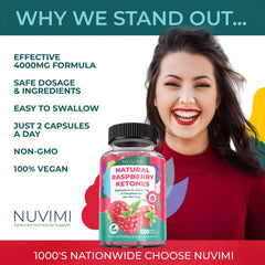 NUVIMI Raspberry Ketones capsules close-up, easy daily supplement for keto-friendly routines.