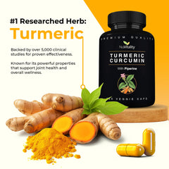 NuVitality Turmeric Curcumin capsules close-up highlighting high potency
