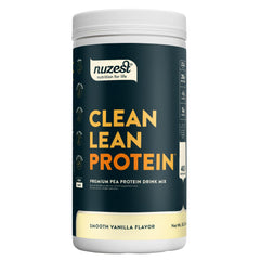 Nuzest pea protein powder smooth vanilla tub ready for a protein-rich vegan shake.