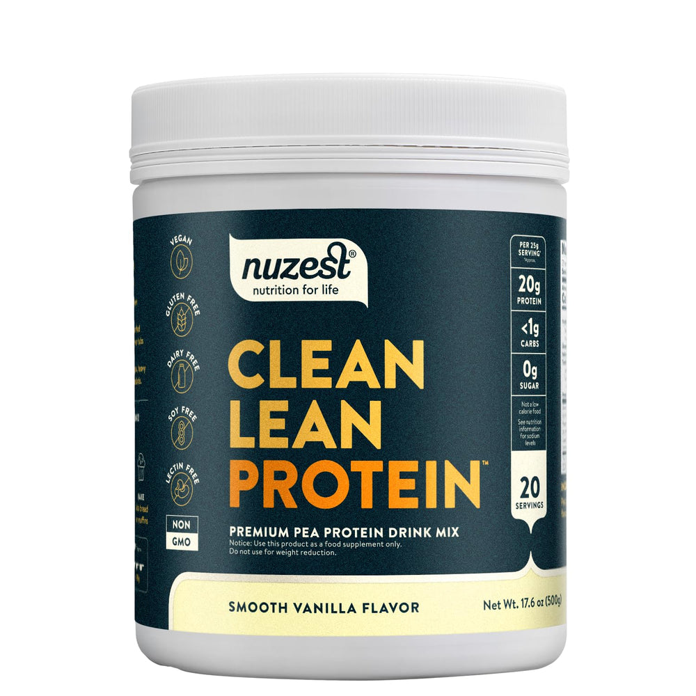 Nuzest pea protein powder vanilla scoop shows smooth texture and clean ingredients.