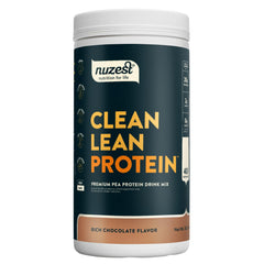 Nuzest rich chocolate pea protein jar shows premium vegan protein for daily energy.