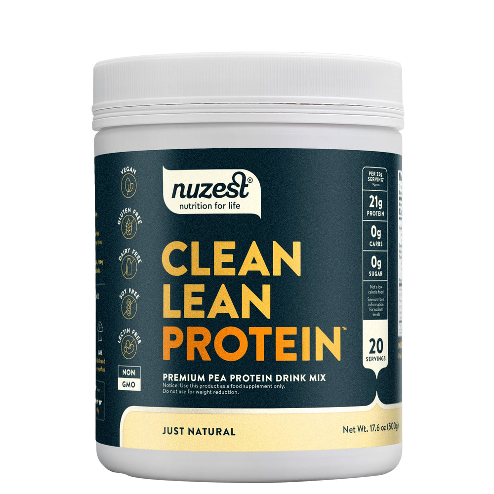 Nuzest unflavored pea protein bottle showing premium plant-based nutrition.