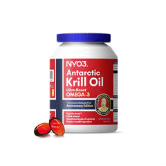 nyo3 krill oil bottle front view showcasing 1000mg softgels for daily omega-3 support.