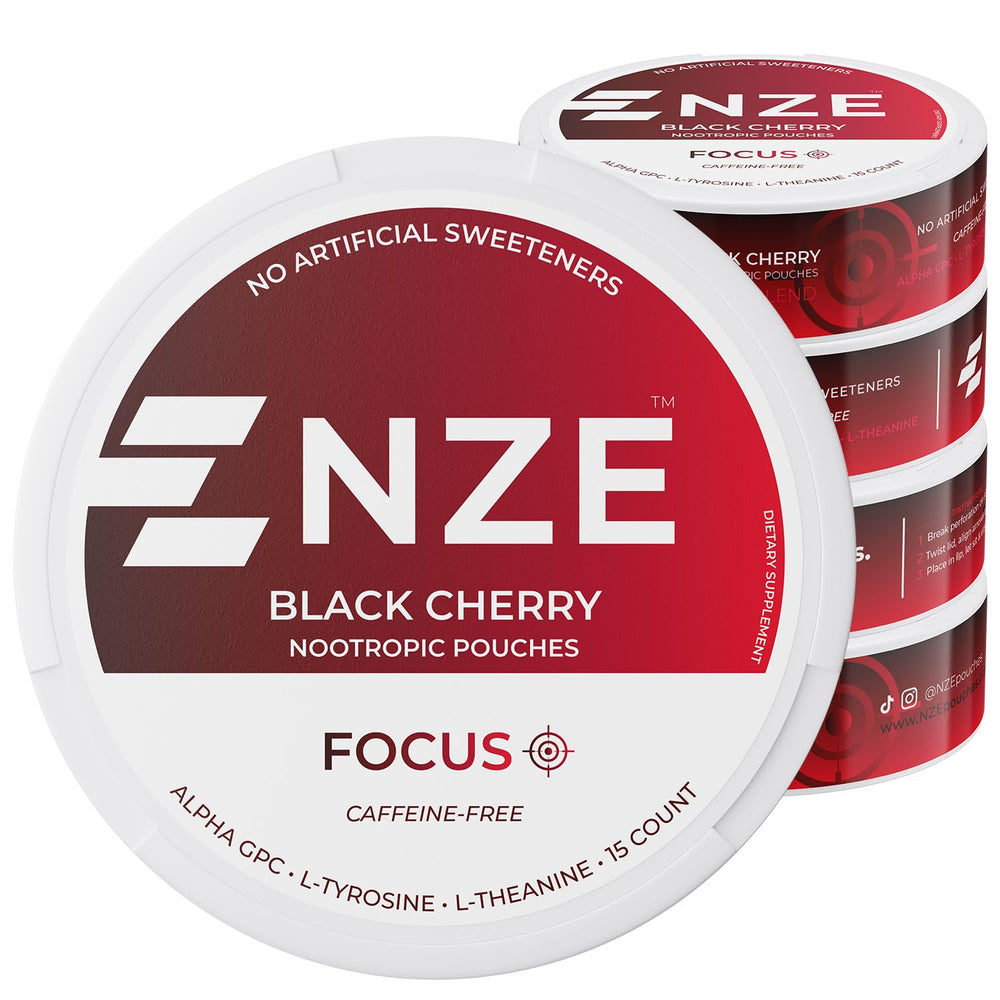 NZE caffeine-free nootropic pouches in black cherry can front for quick focus.