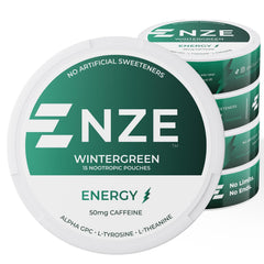NZE Caffeine Nootropic Pouches Wintergreen can for quick clean energy