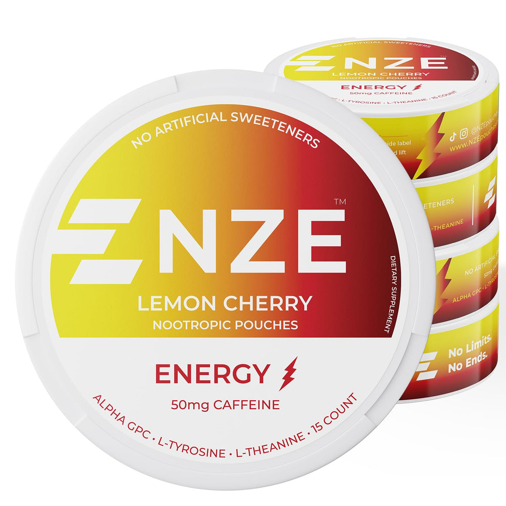 NZE Caffeine Nootropic Pouches Lemon Cherry can front displaying energy label