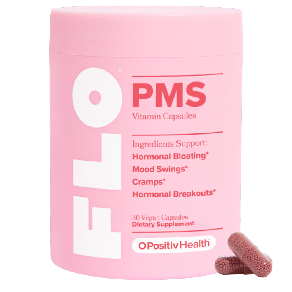 O Positiv FLO PMS bottle front for proactive comfort during the menstrual cycle.