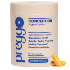 O Positiv Prego Conception bottle pour shown for easy daily prenatal nutrition.