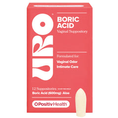 O Positiv URO boric acid vaginal suppository packaging showcases vegan formula for balance.