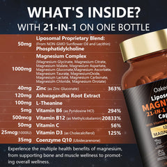 Oakevlp 21-in-1 formula infographic highlighting 12 magnesium forms