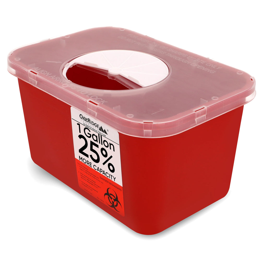 Oakridge Large Sharps Container 1-Gallon front view for home or clinic use.
