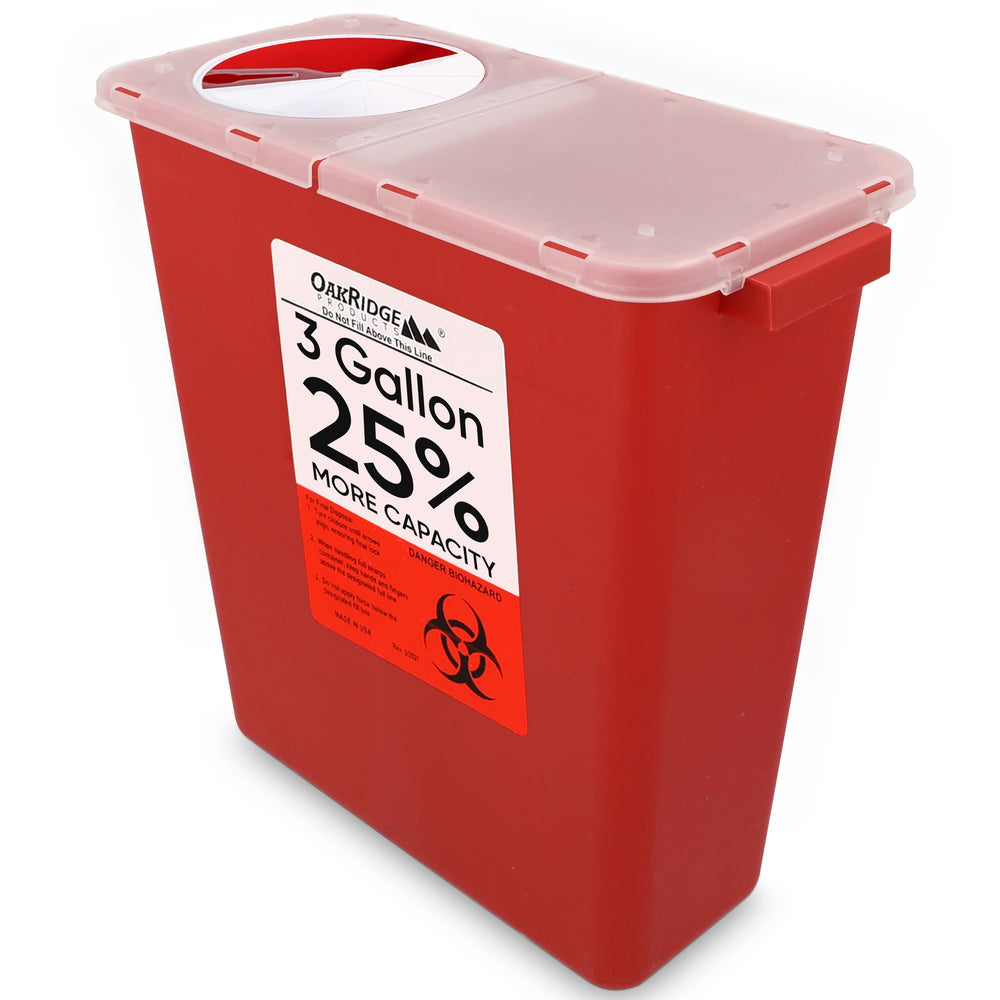Oakridge 3-gallon sharps container with rotating lid for small item disposal in homes and clinics.