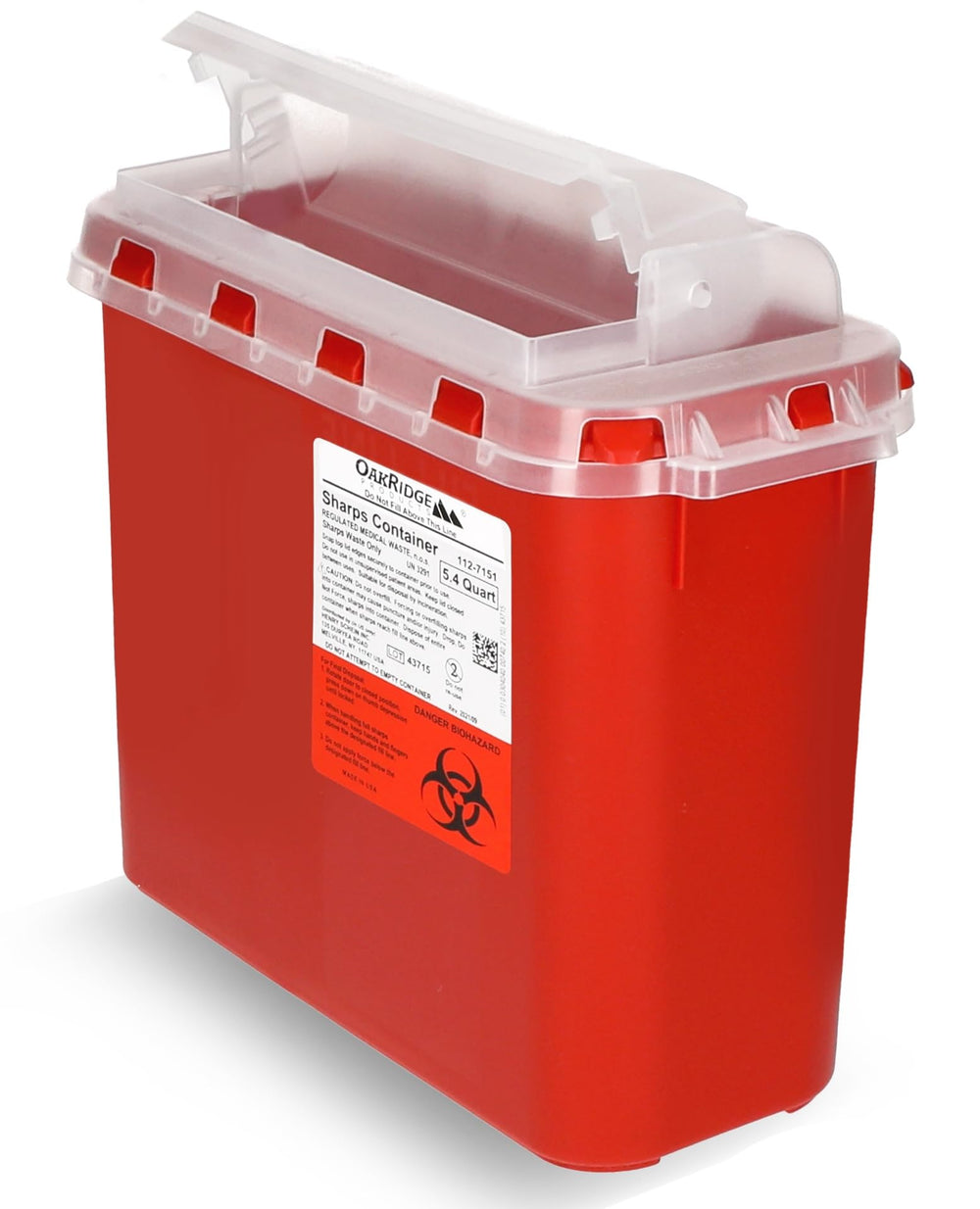 Oakridge Sharps Container front view showing compact, high-capacity disposal for home or clinic.