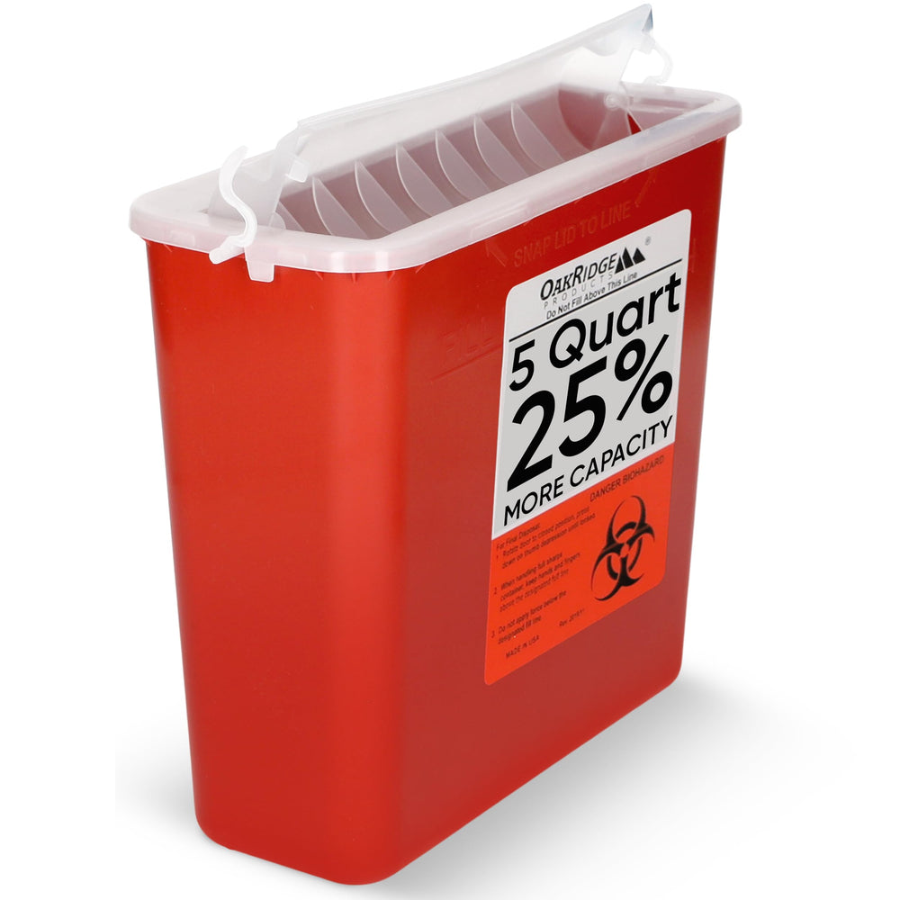 Oakridge Sharps Container lid operation enables touch-free disposal for safer handling.