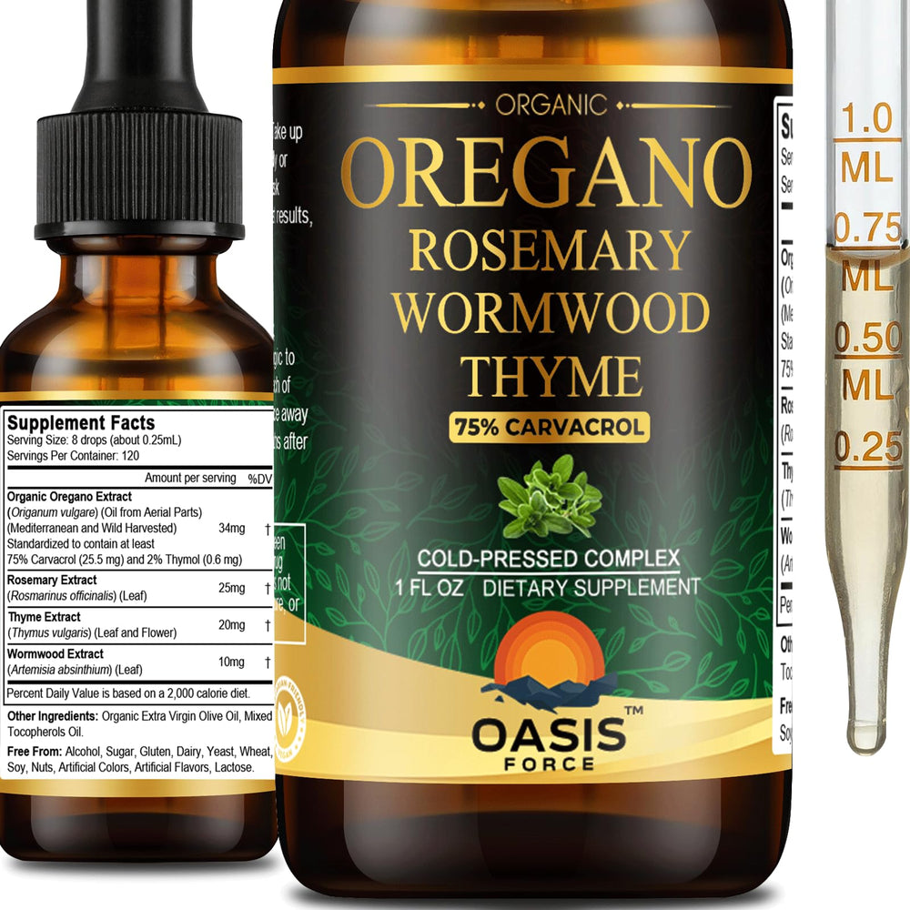 OASIS FORCE Organic oregano oil bottle showing high carvacrol content for digestive comfort