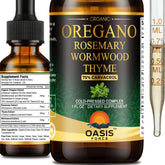 OASIS FORCE Organic oregano oil bottle showing high carvacrol content for digestive comfort