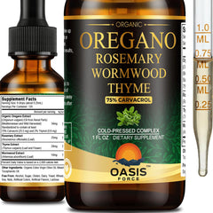 OASIS FORCE Organic oregano oil bottle showing high carvacrol content for digestive comfort
