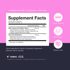 Close-up of Obvi Burn Elite capsules highlighting collagen blend for joints and skin.