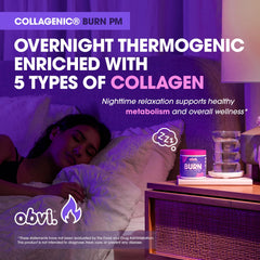 Obvi Collagenic Burn PM capsules inside container highlighting convenient nightly dose.