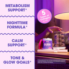 Obvi Collagenic Burn PM packaging emphasizing premium collagen blend and sleep support.