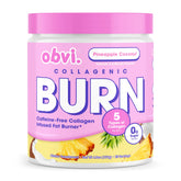 Obvi Collagenic Burn Powder bottle with pineapple coconut flavor for on-the-go energy support.