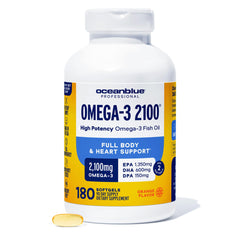 Oceanblue Omega-3 bottle showcases triple-strength formula for daily support.