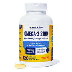 Oceanblue Pro Omega-3 2100 bottle pours rich oil into a glass, highlighting daily wellness use